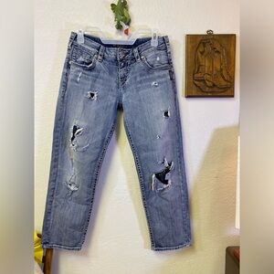 Silver Aiko Mid Capri Stretch Women Size 27x24 Jeans Distressed Patched Light